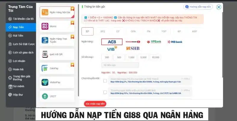 Các phương thức nạp tiền trực tuyến GI88